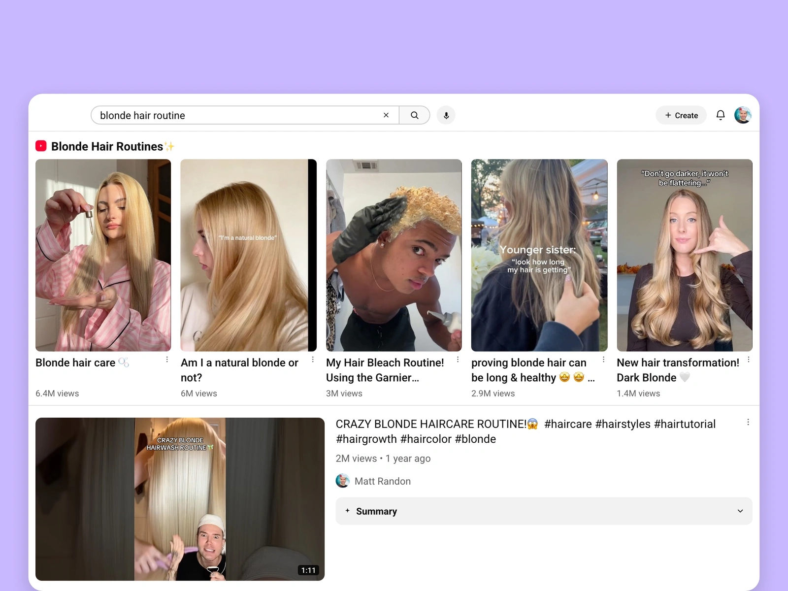 YouTube search results for blonde hair videos