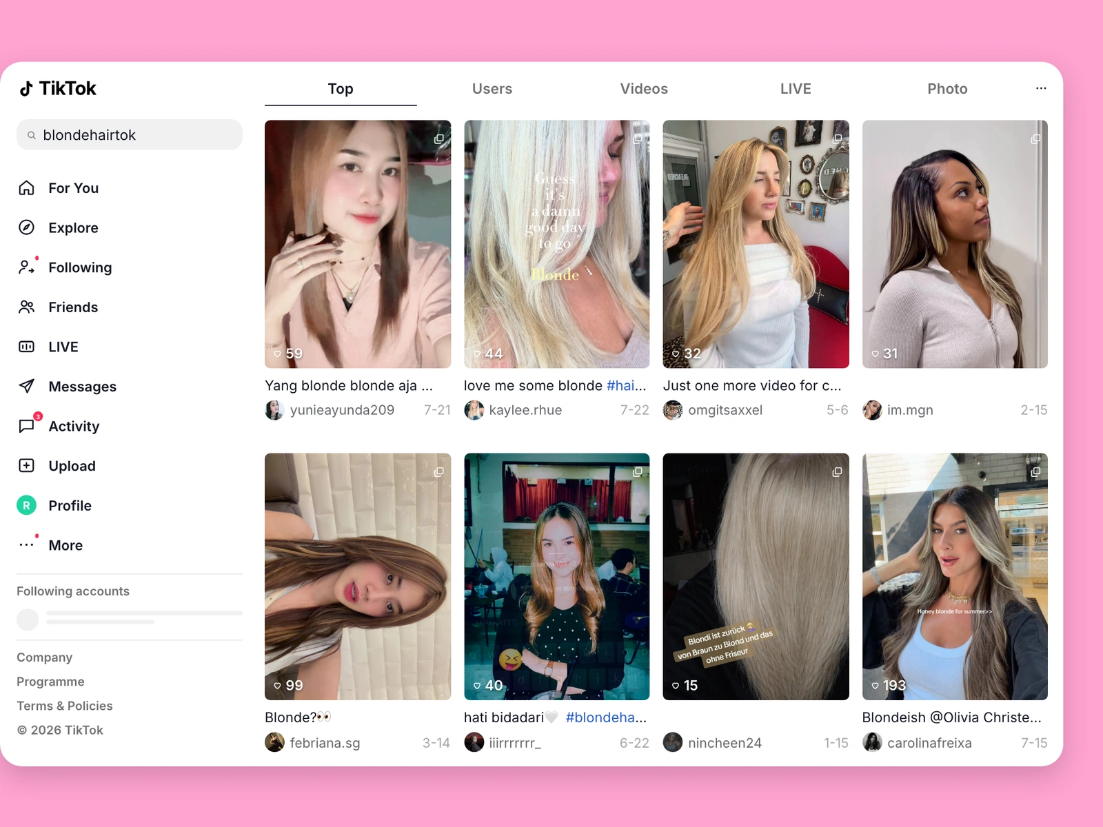 TikTok search results for blonde hair content