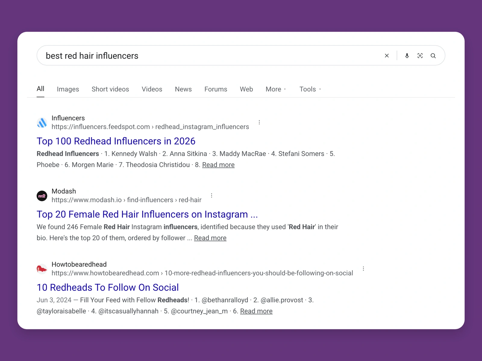 Google results for best red hair bloggers