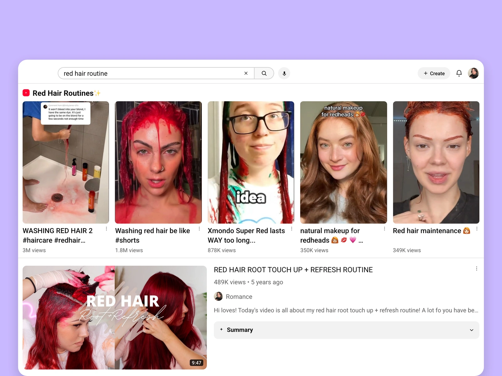 YouTube search results for red hair videos