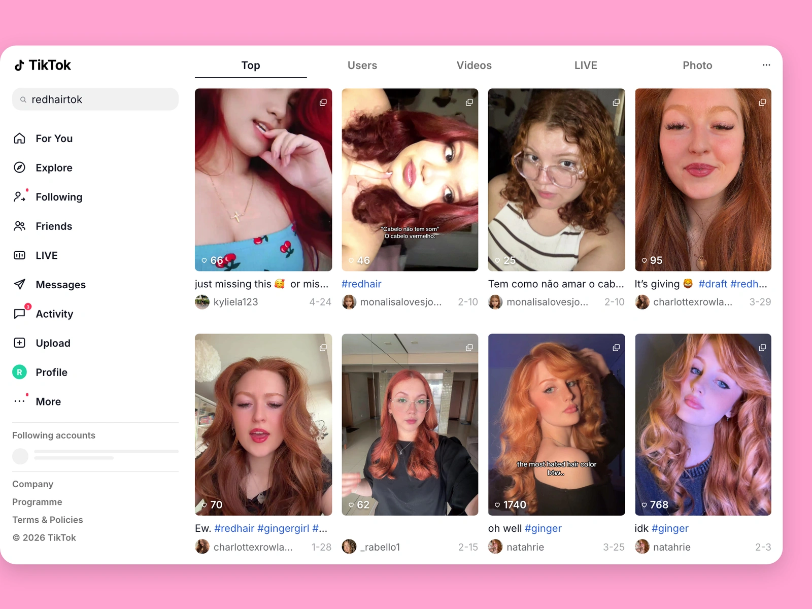 TikTok search results for red hair content