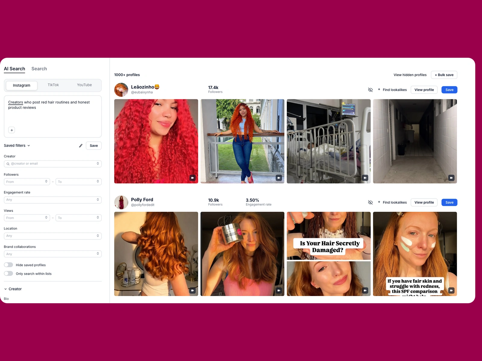 Modash AI search for red hair creators