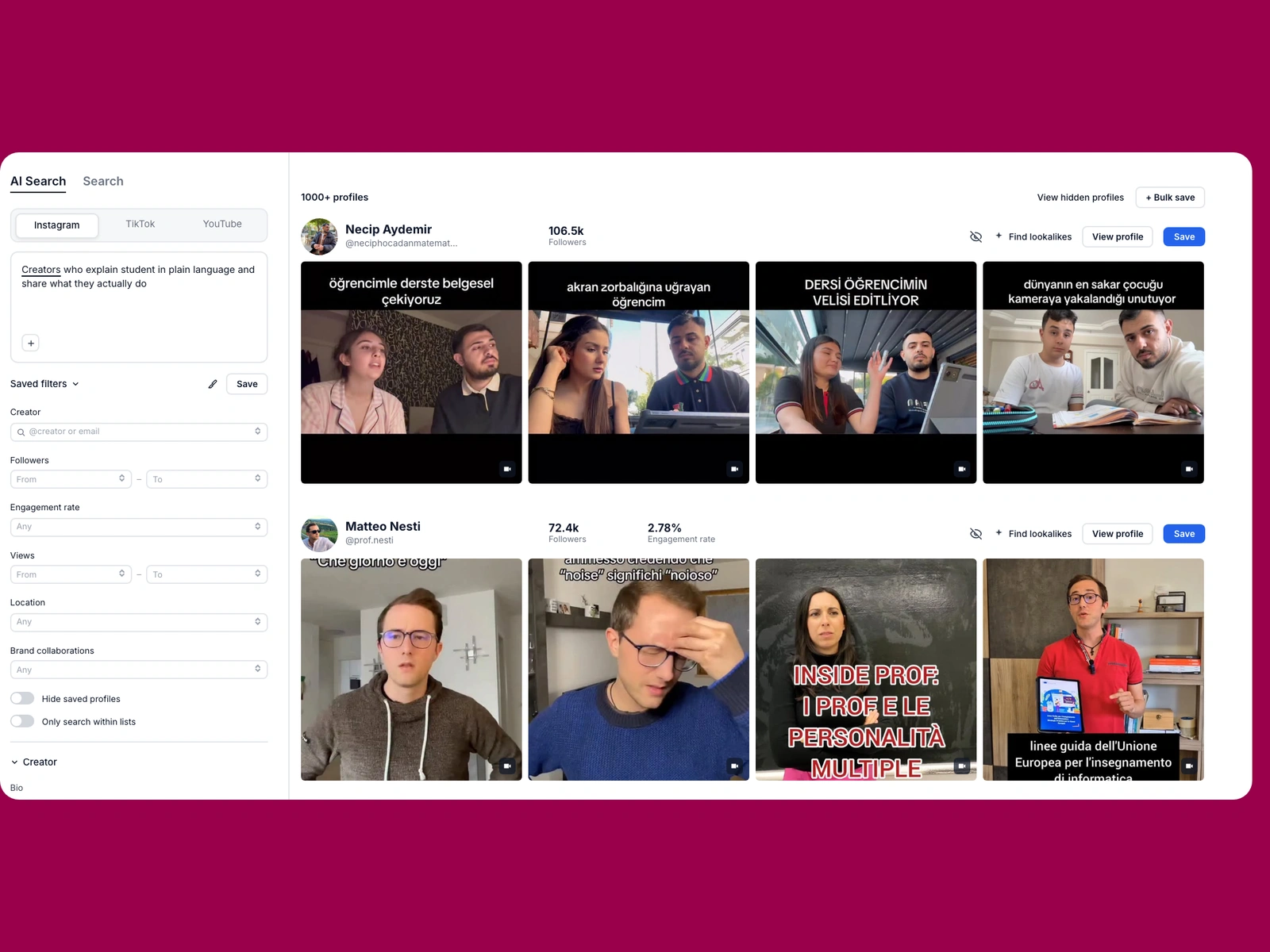 Modash AI search for student creators