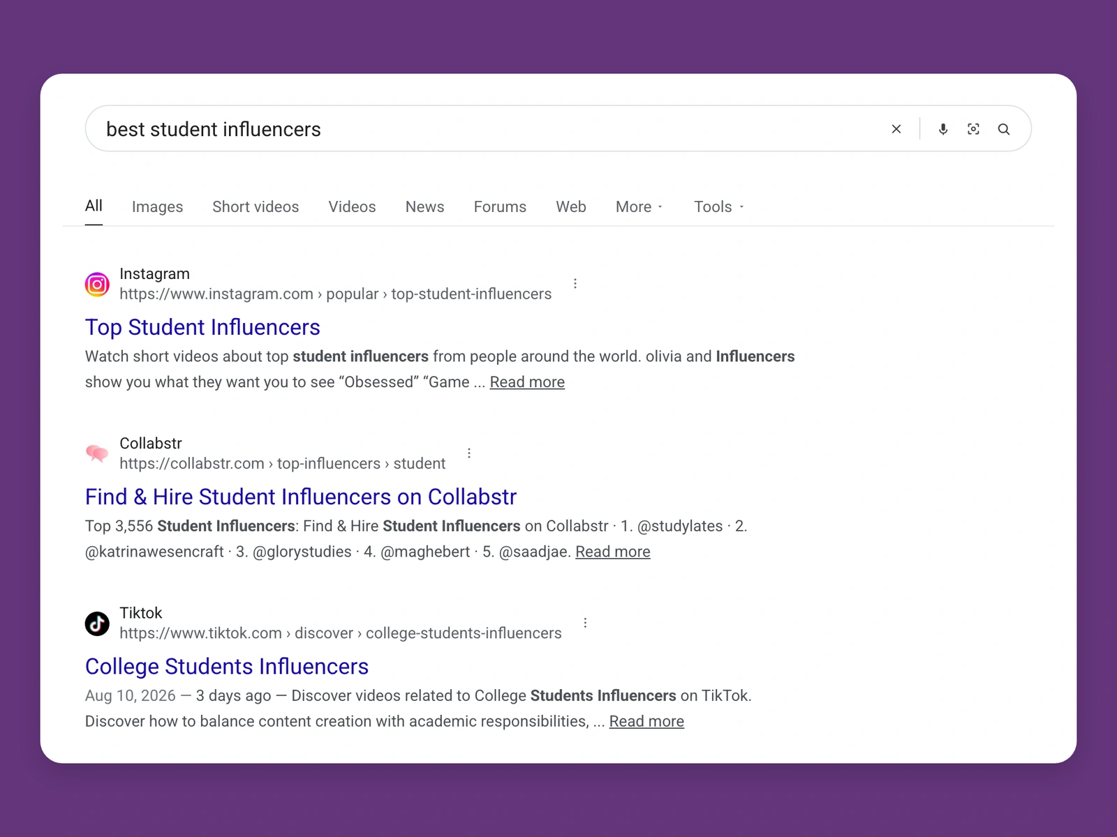 Google results for best student bloggers