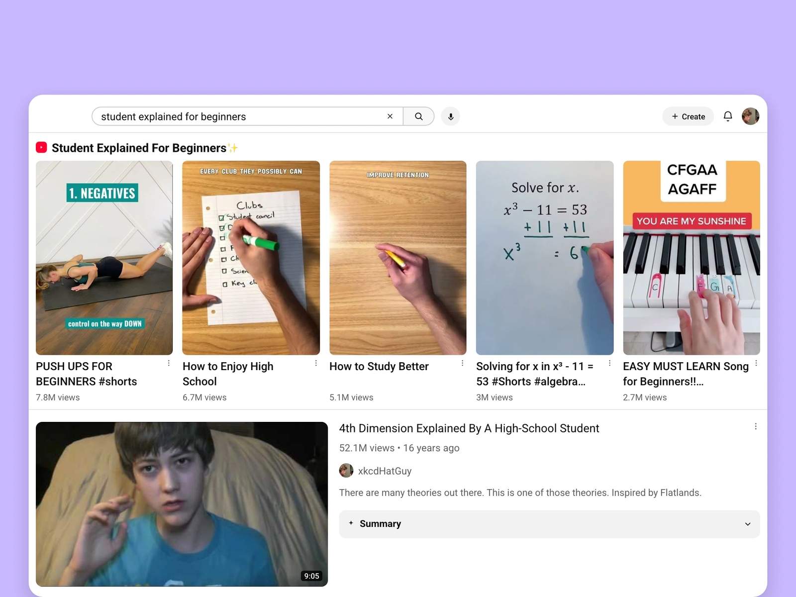 YouTube search results for student videos