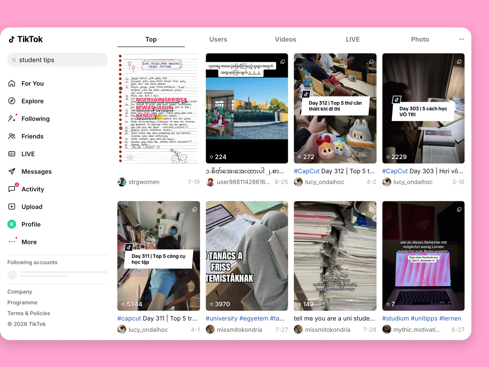 TikTok search results for student content