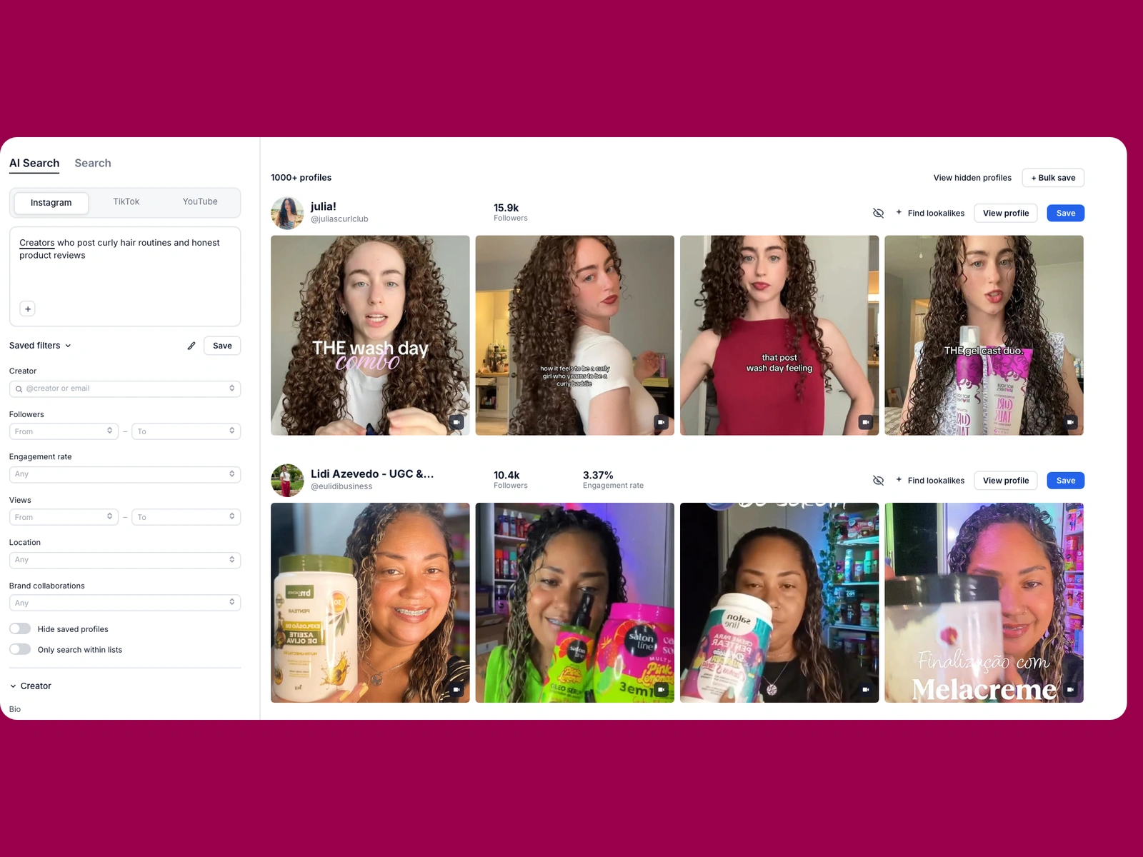 Modash AI search for curly hair creators