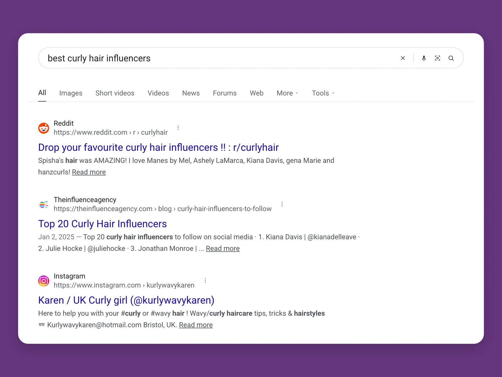 Google results for best curly hair bloggers