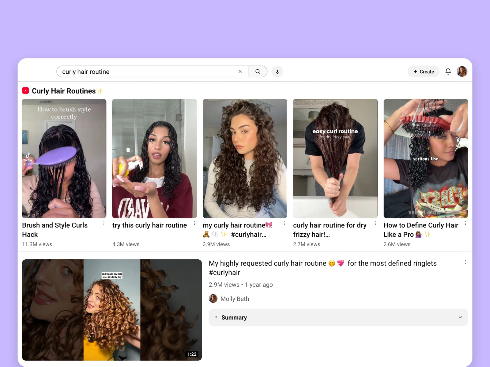YouTube search results for curly hair videos