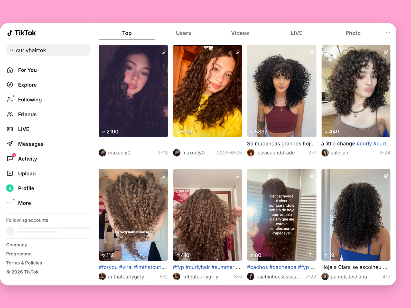 TikTok search results for curly hair content