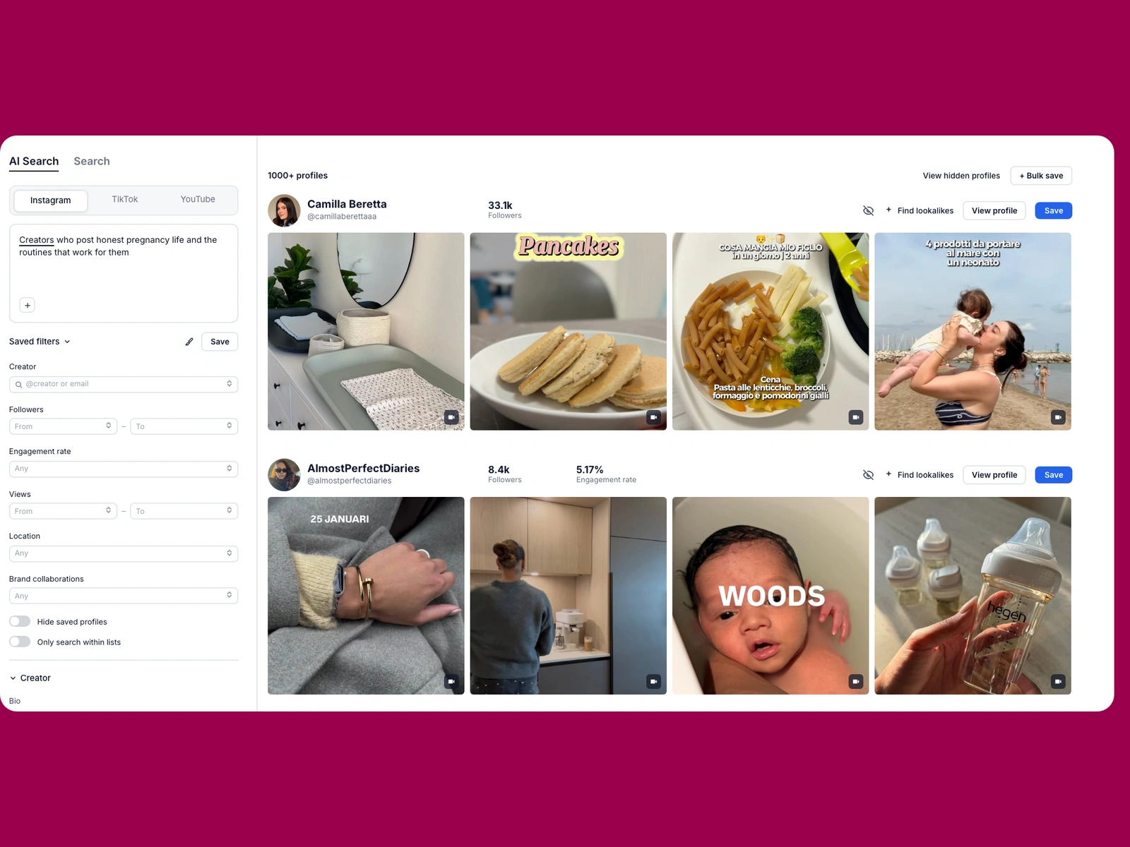 Modash AI search for pregnancy creators