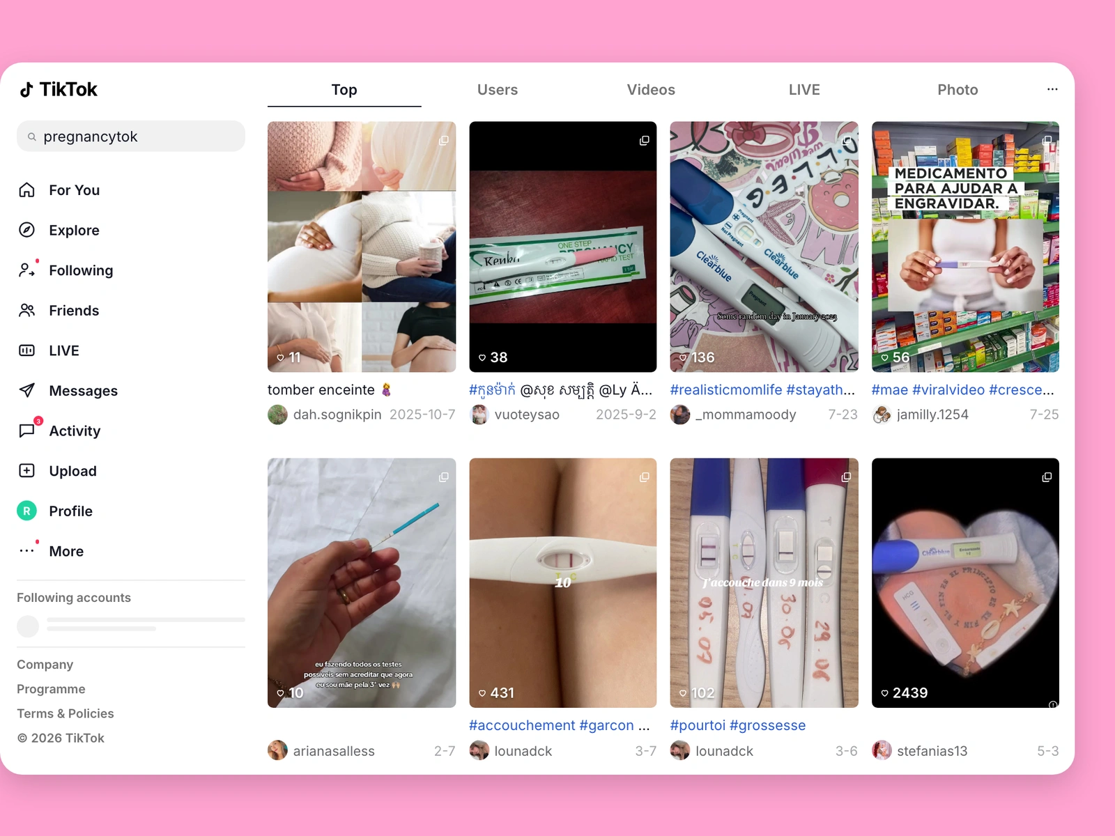 TikTok search results for pregnancy content