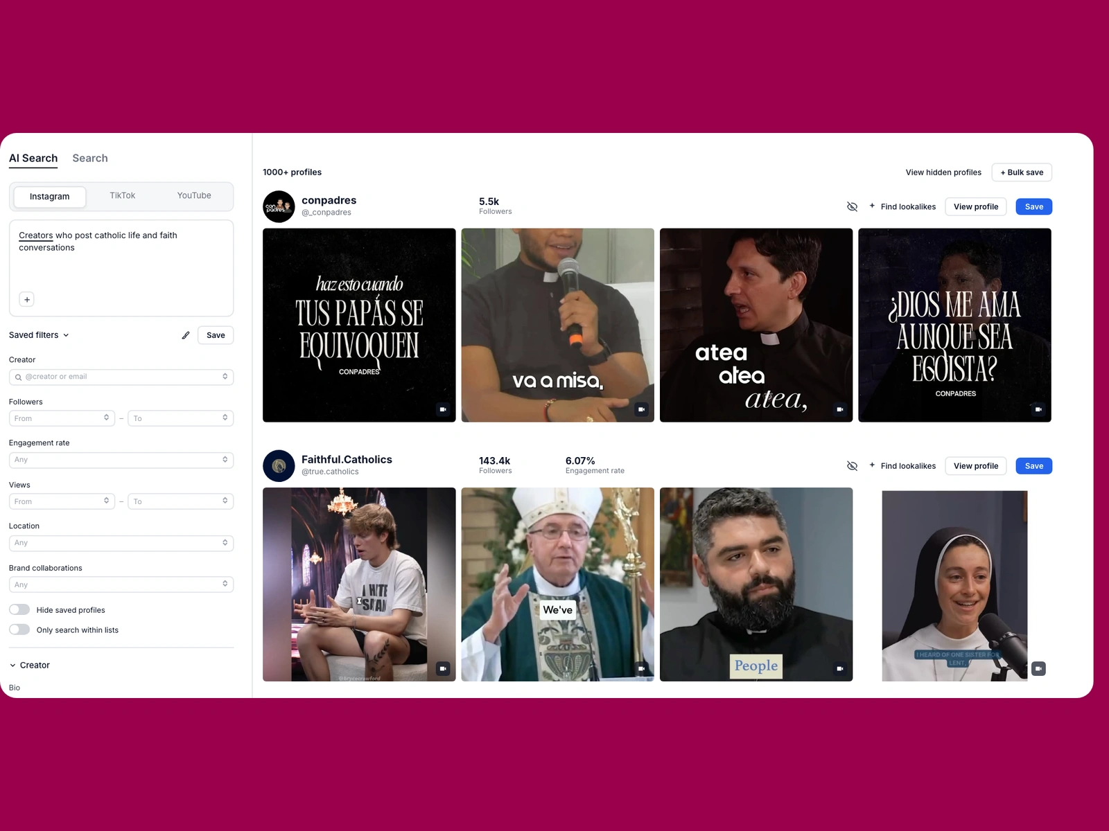 Modash AI search for catholic creators