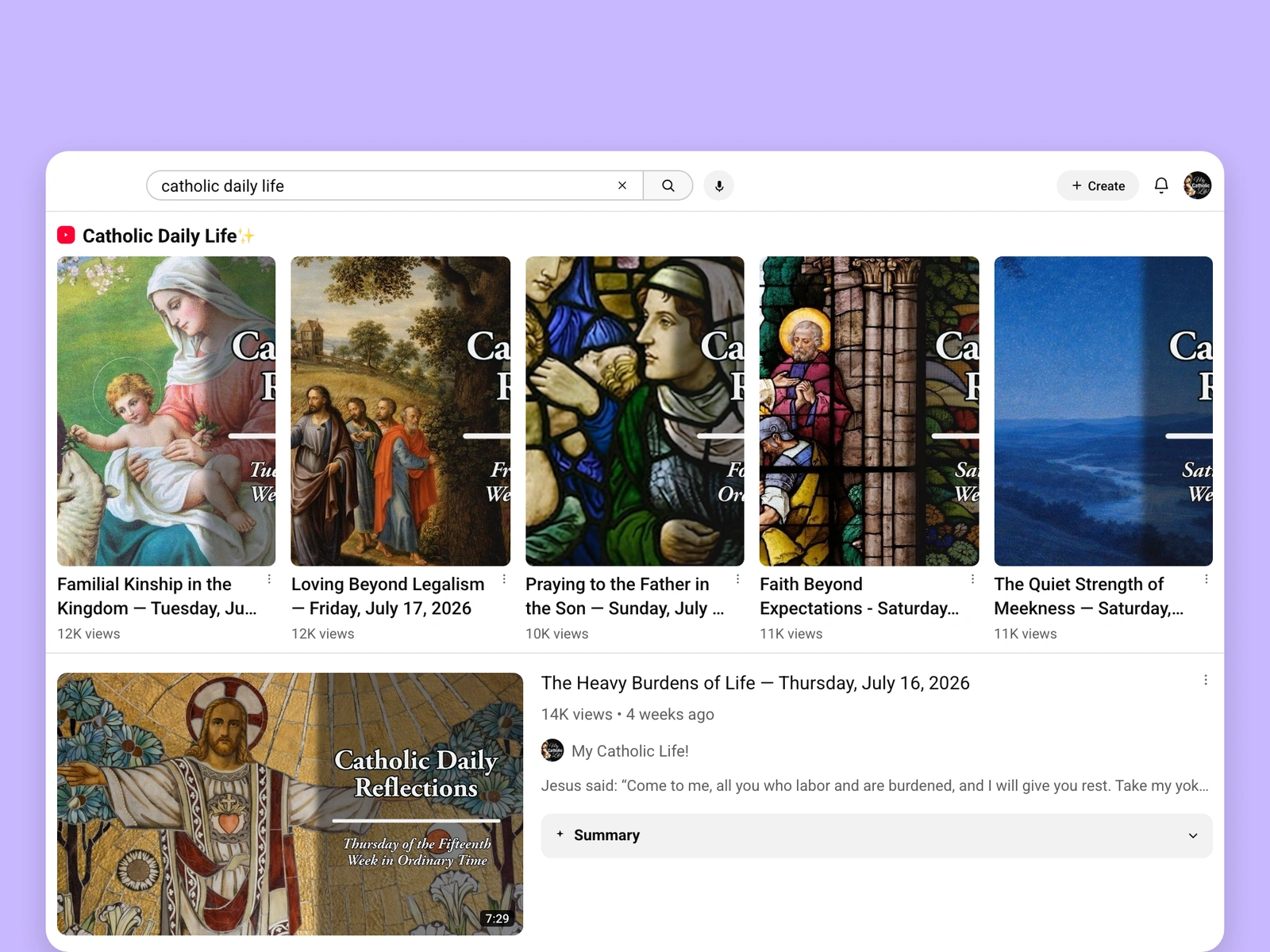 YouTube search results for catholic videos