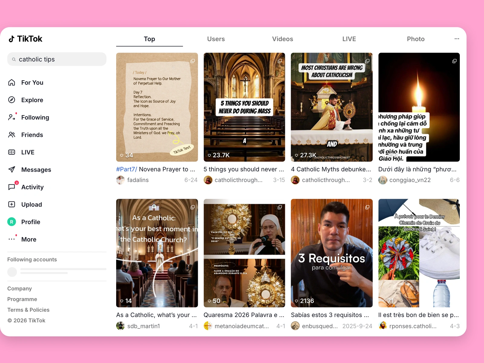 TikTok search results for catholic content
