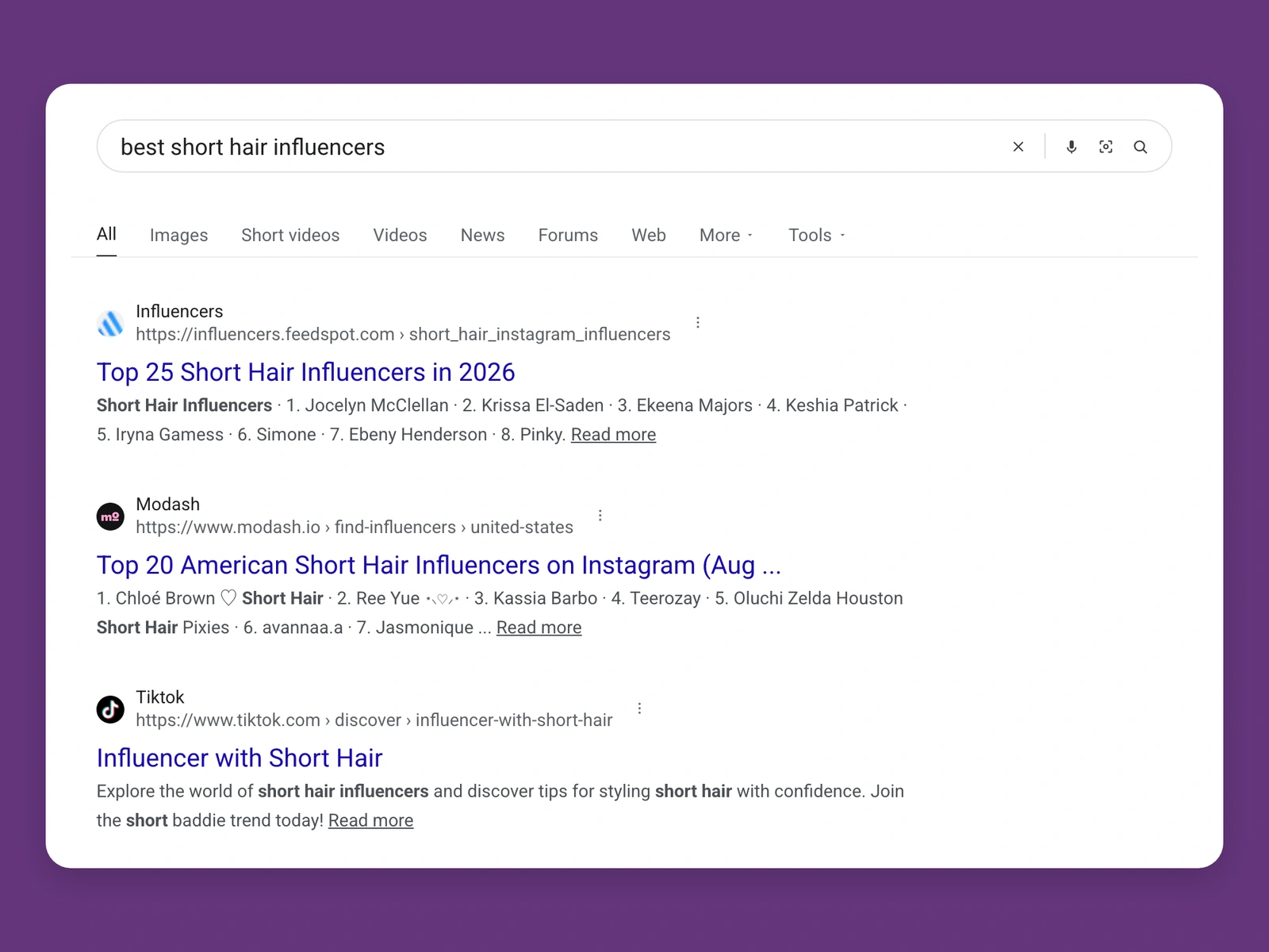 Google results for best short hair bloggers