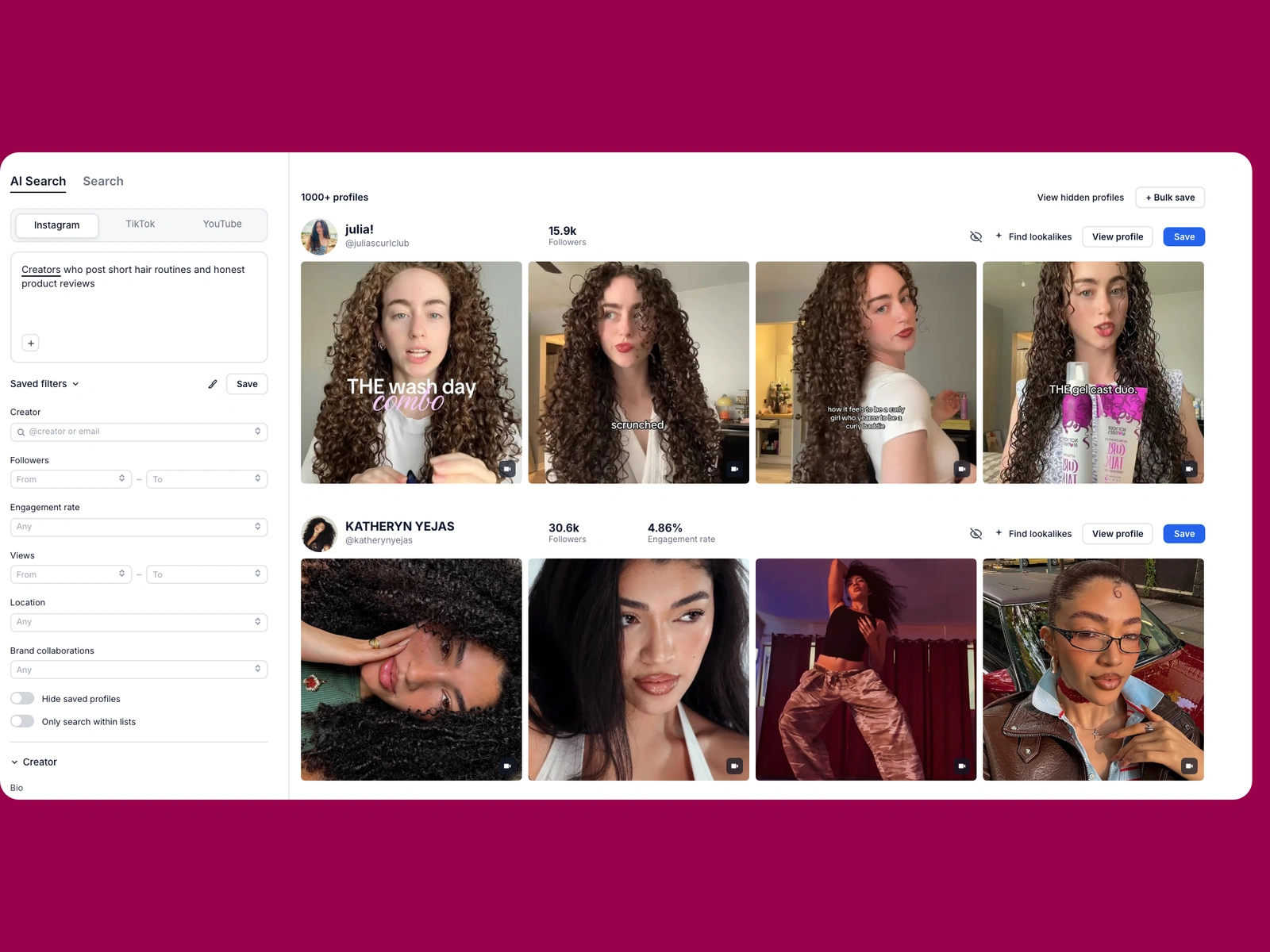 Modash AI search for short hair creators