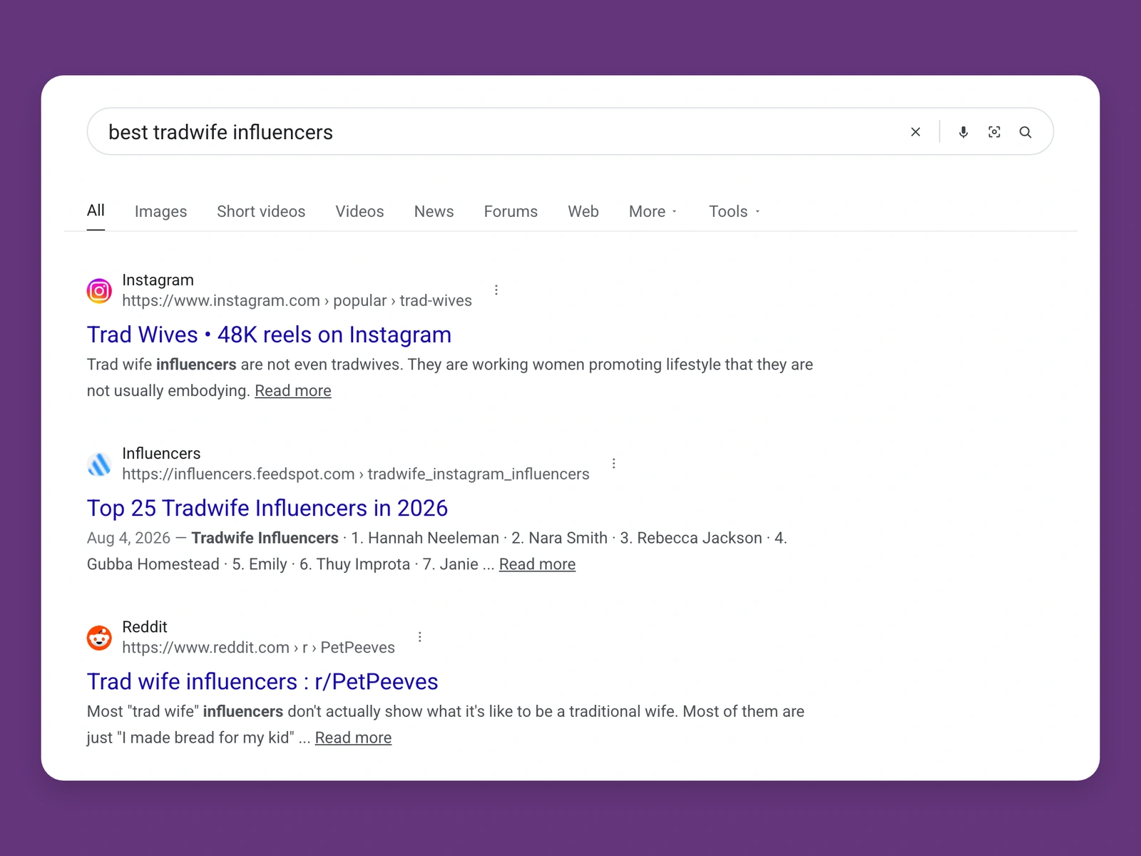 Google results for best tradwife bloggers