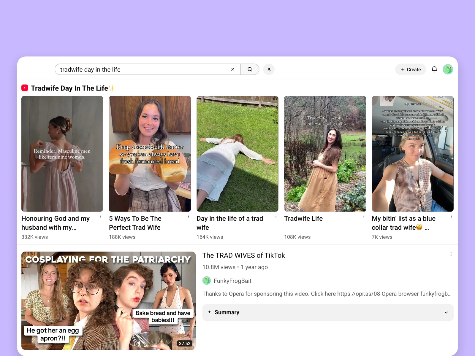 YouTube search results for tradwife videos