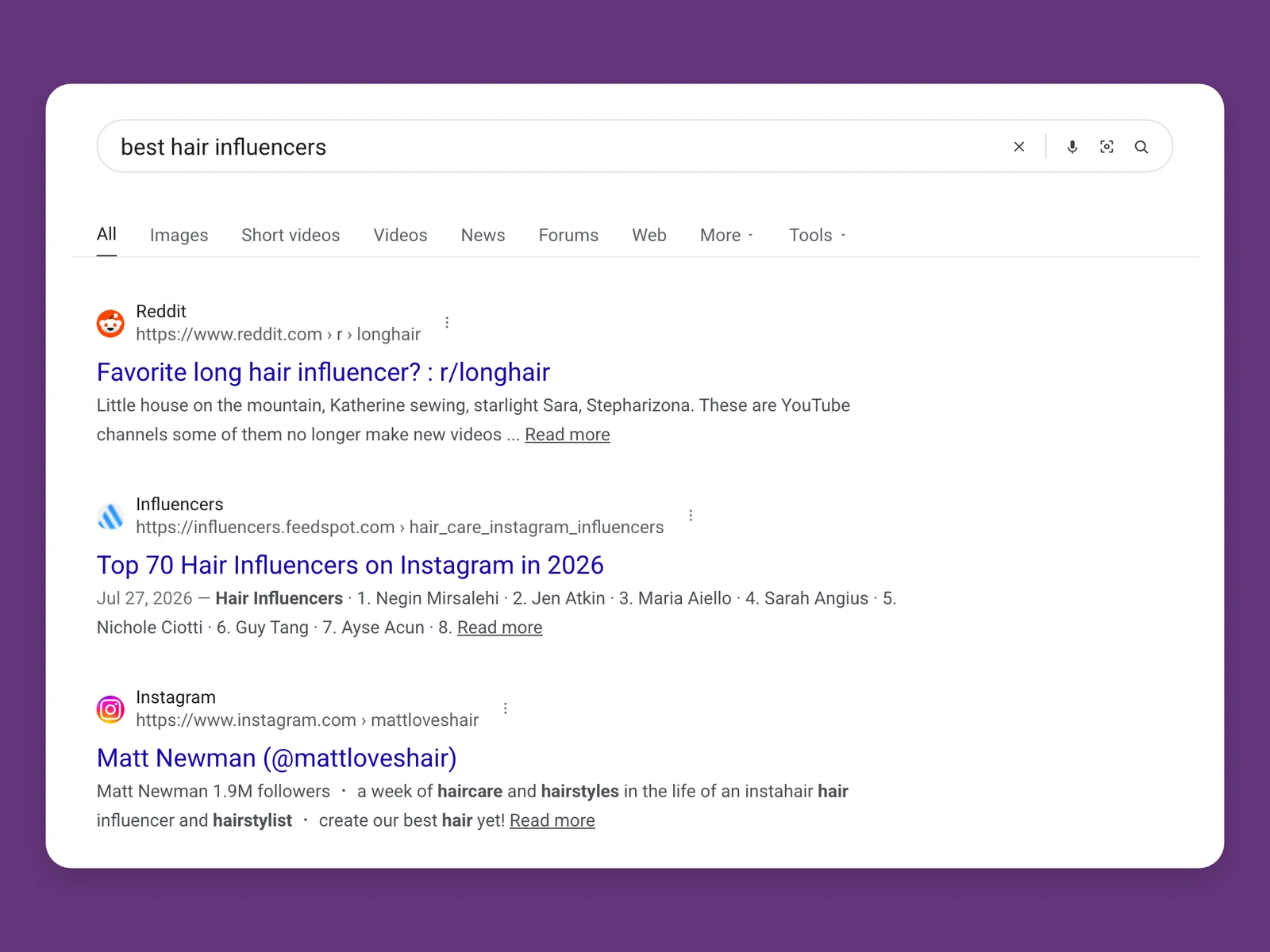 Google results for best hair bloggers