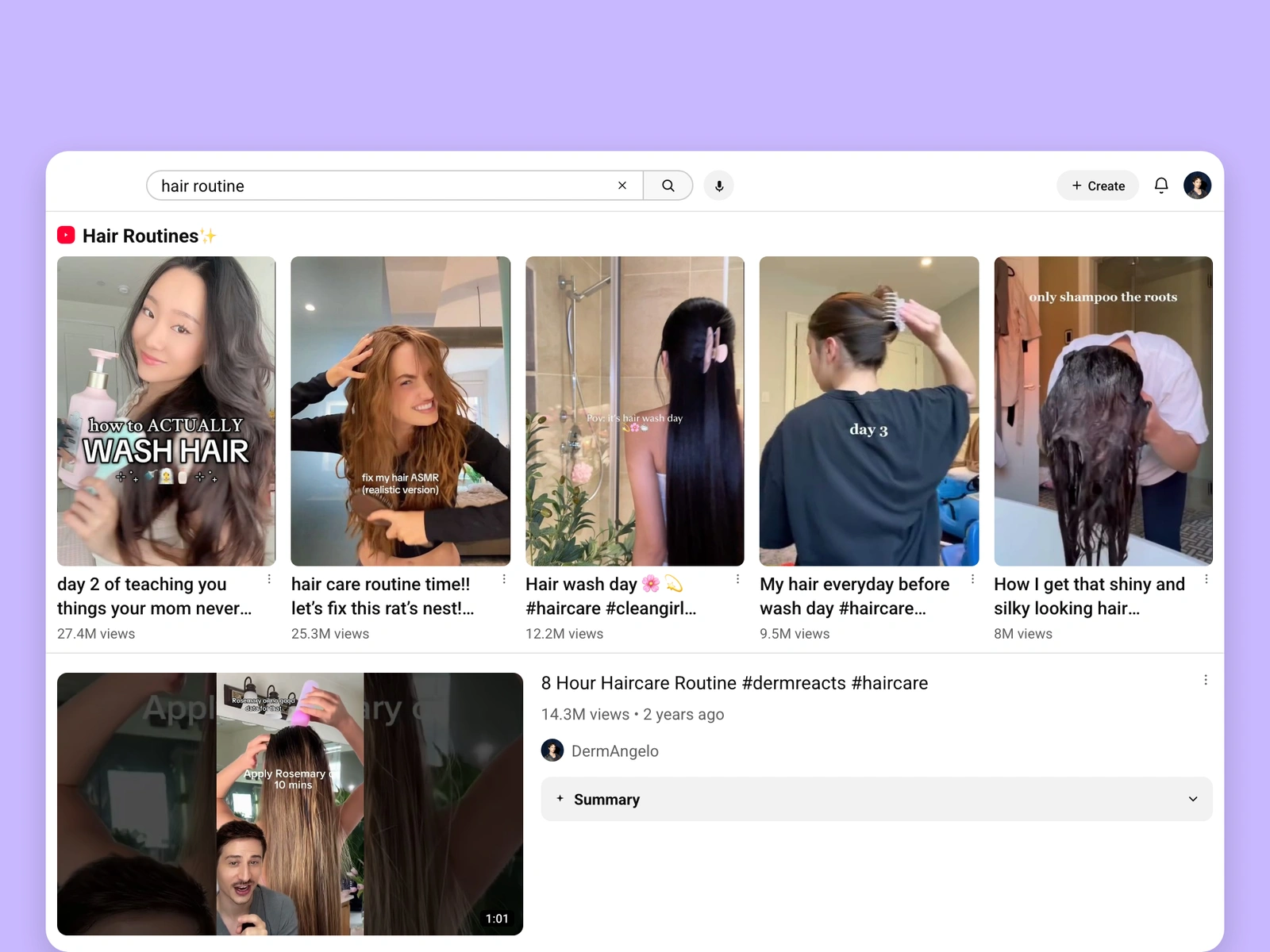 YouTube search results for hair videos