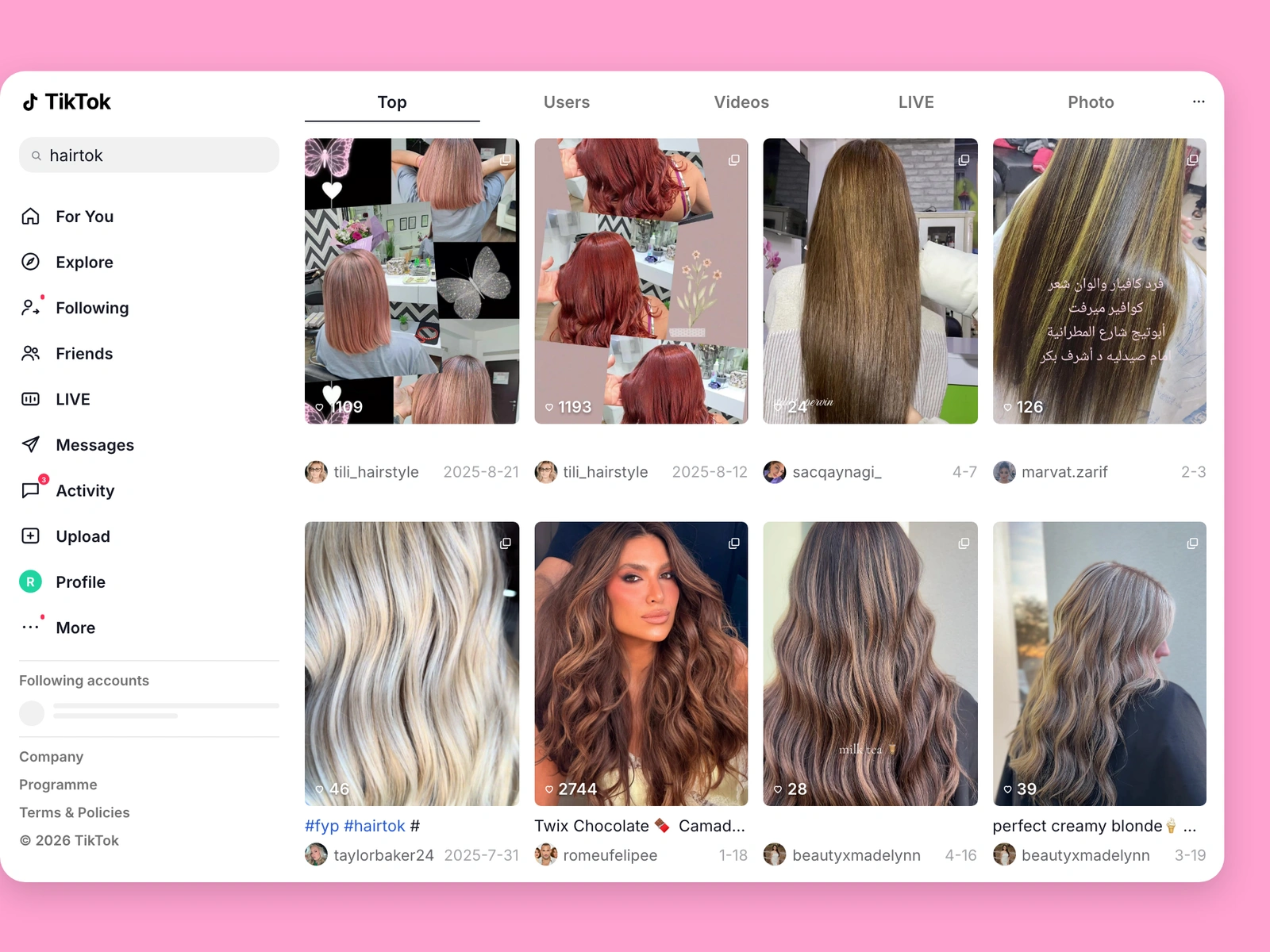 TikTok search results for hair content