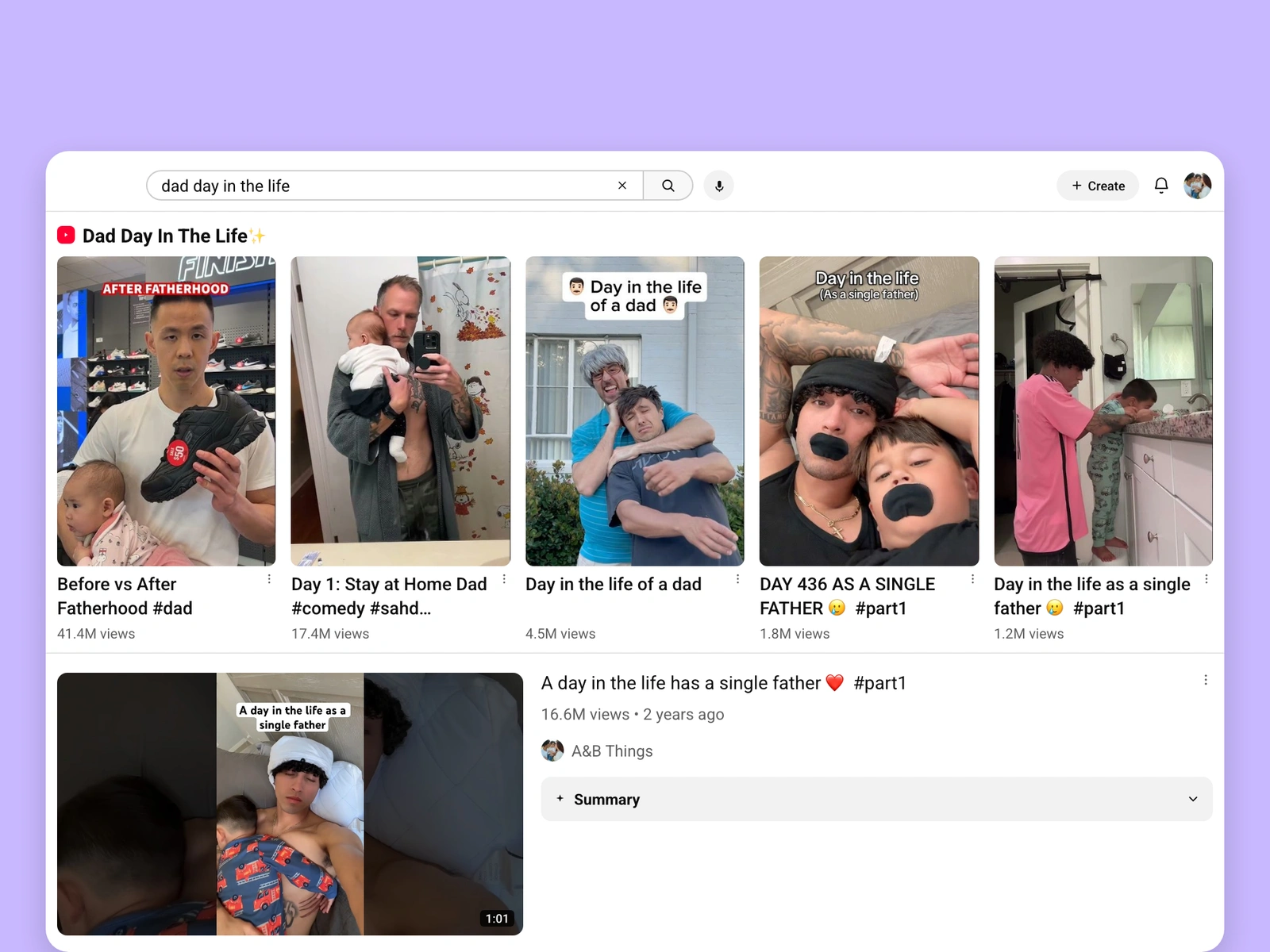 YouTube search results for dad videos