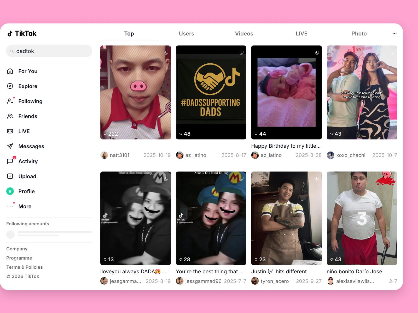 TikTok search results for dad content