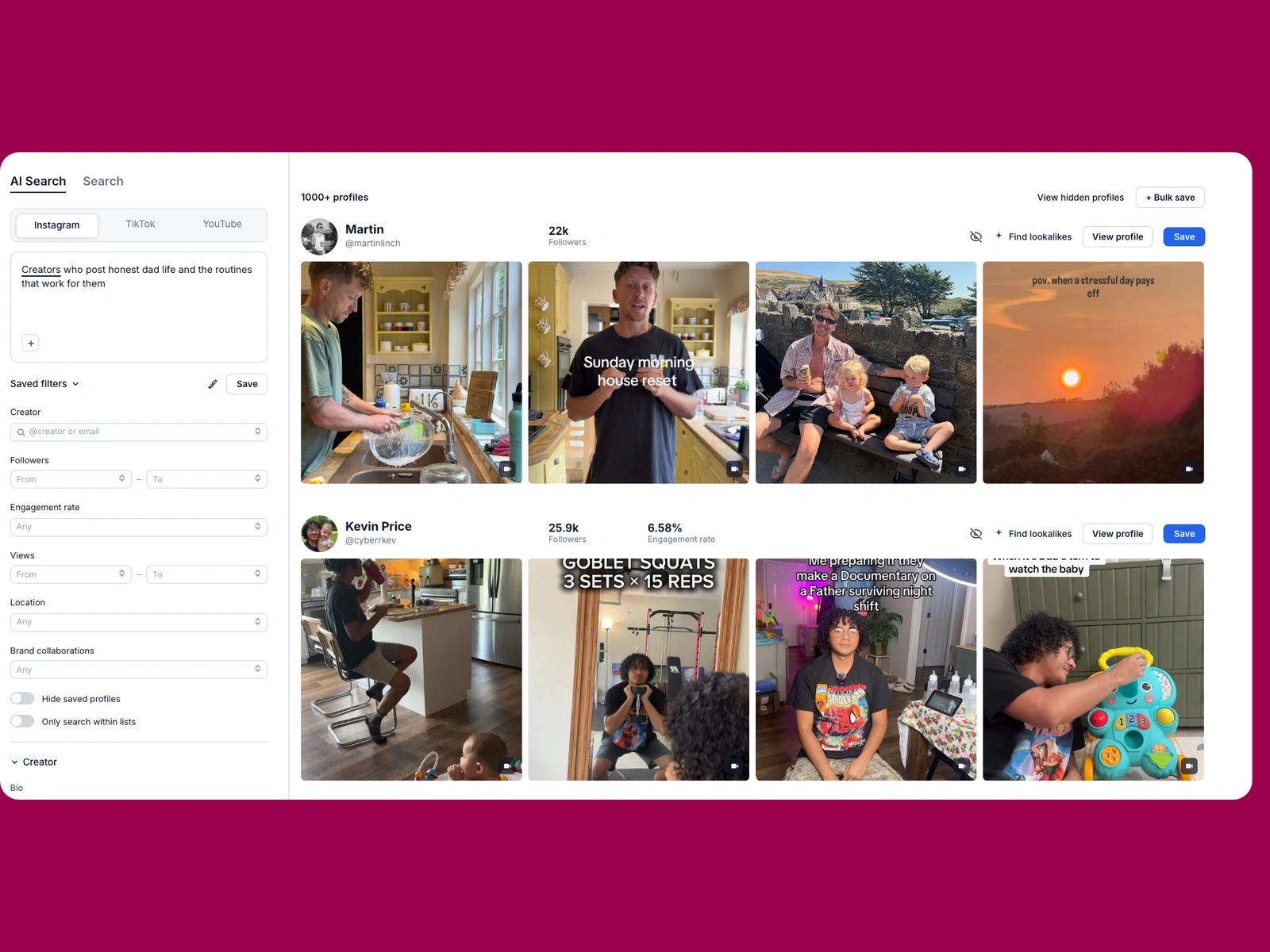 Modash AI search for dad creators