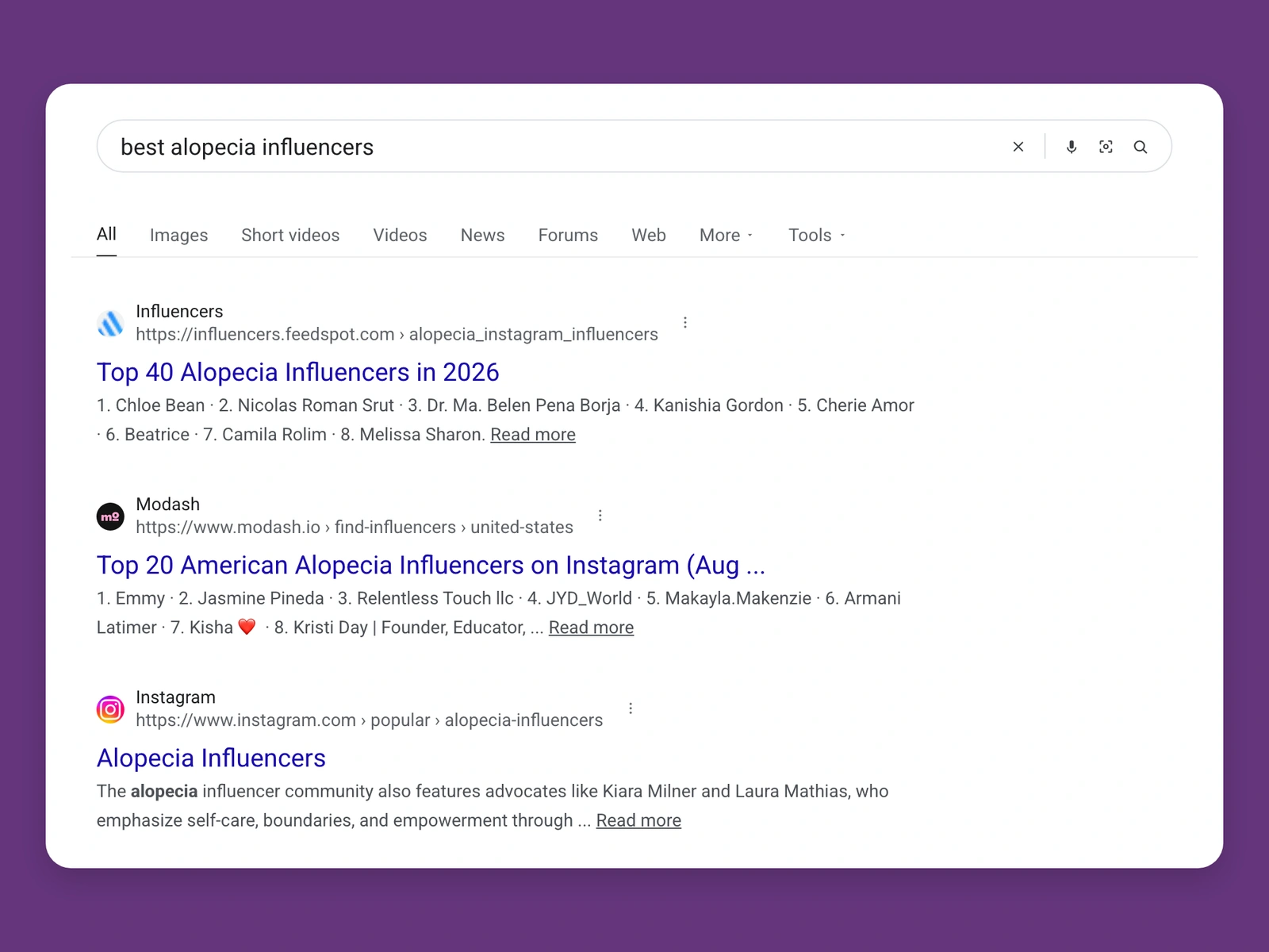 Google results for best alopecia bloggers