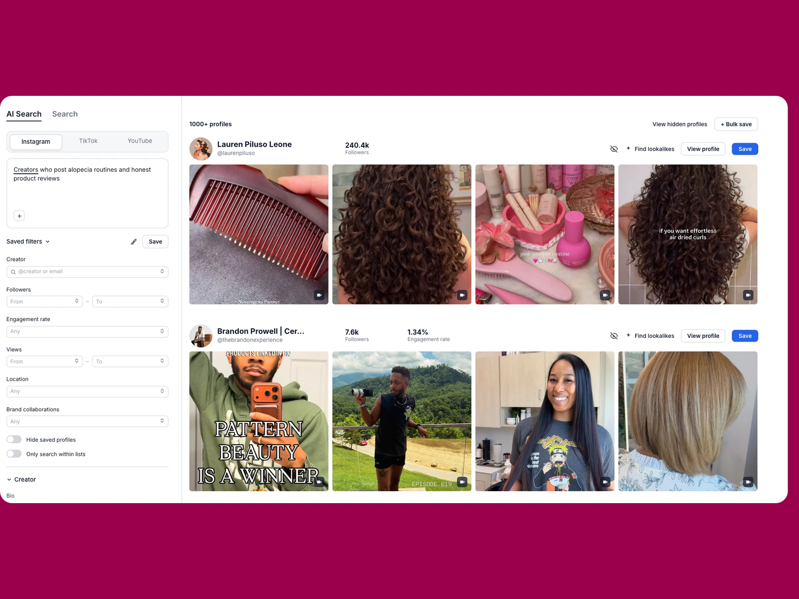 Modash AI search for alopecia creators