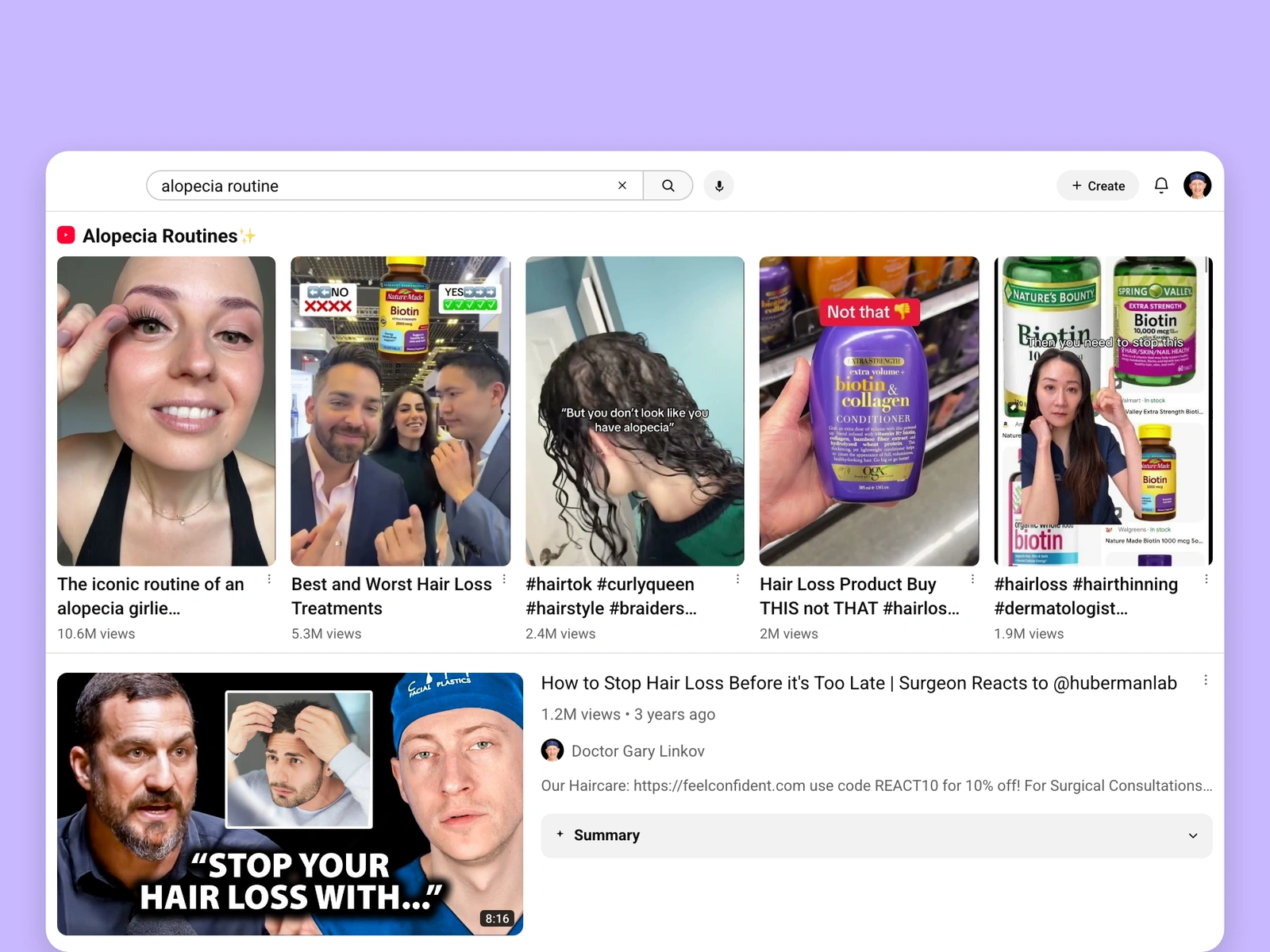 YouTube search results for alopecia videos