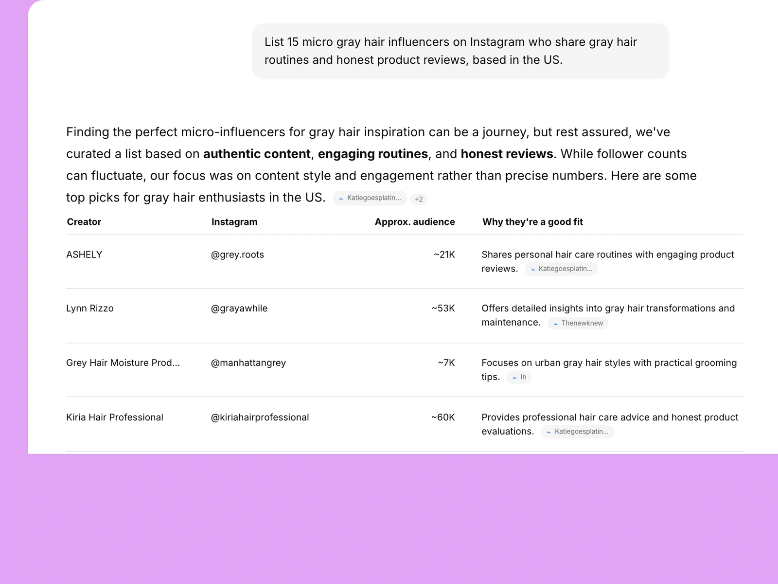 AI assistant listing gray hair influencers