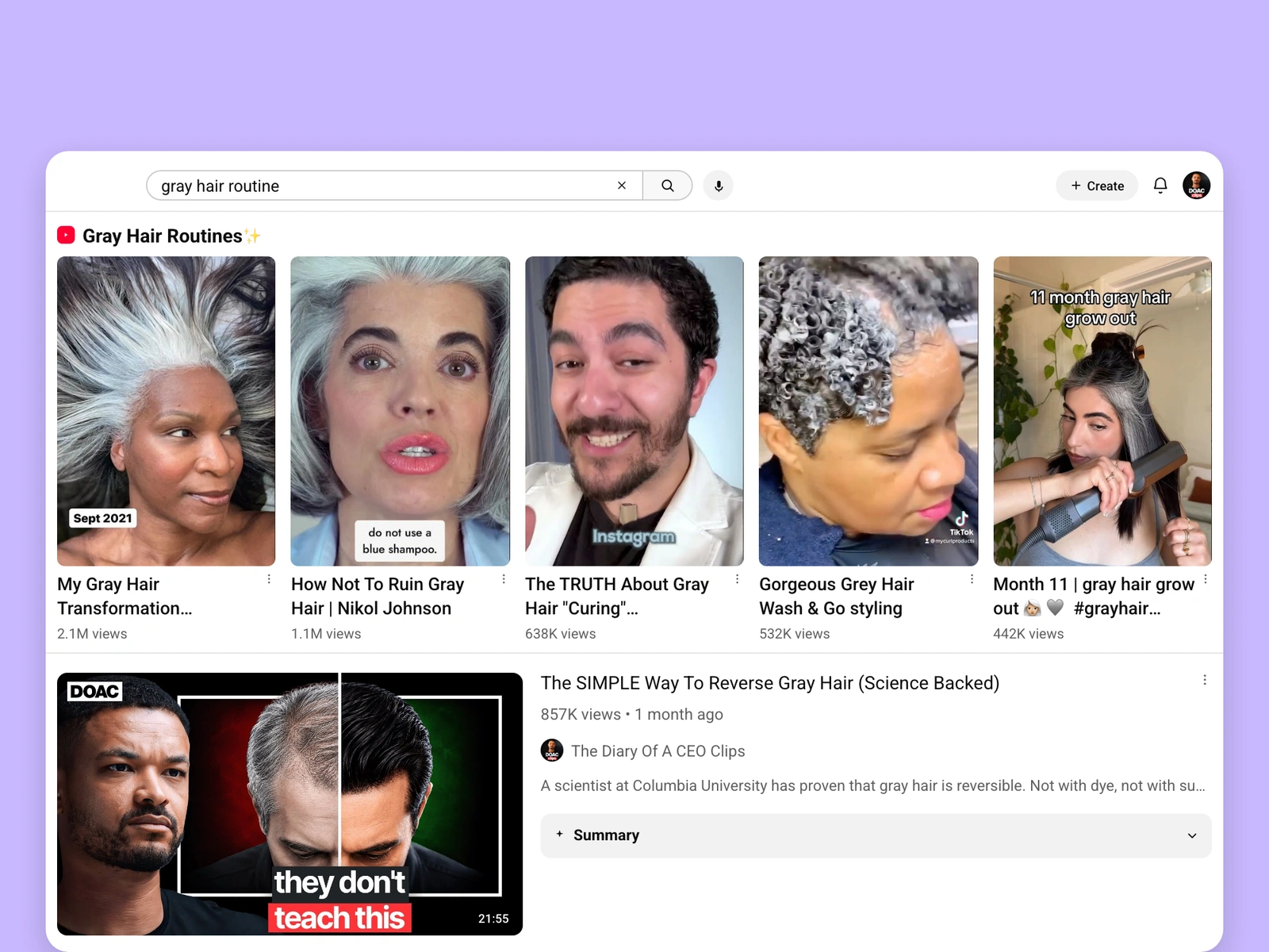 YouTube search results for gray hair videos