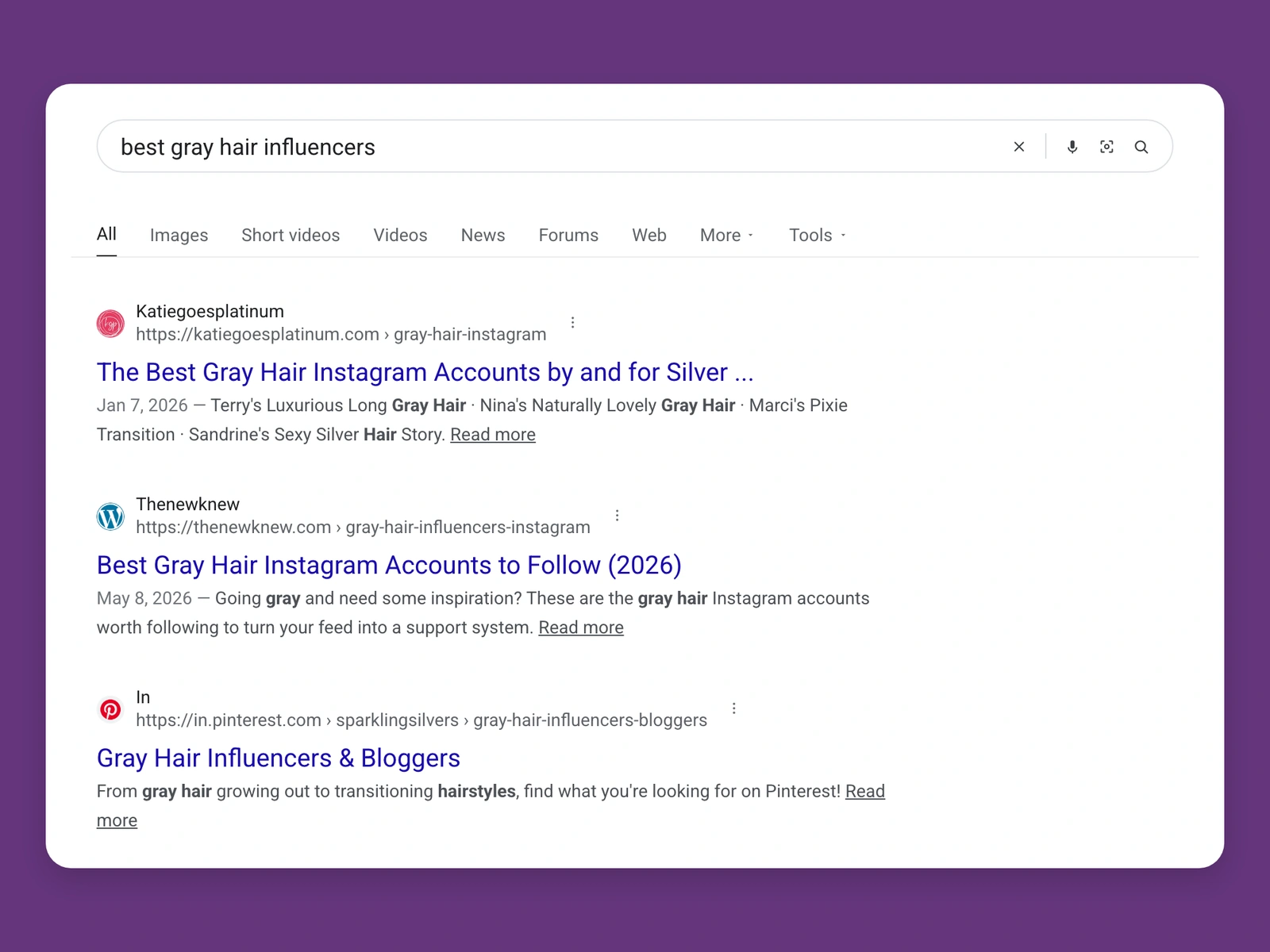 Google results for best gray hair bloggers