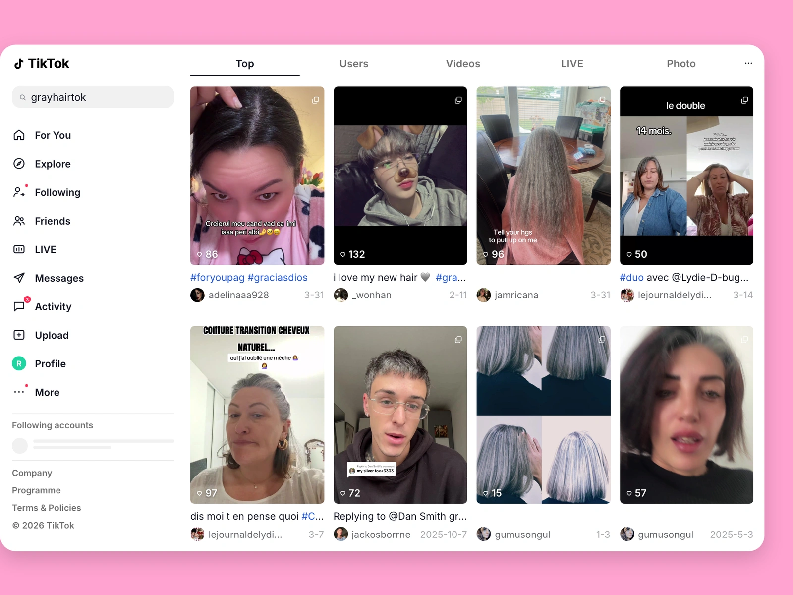 TikTok search results for gray hair content