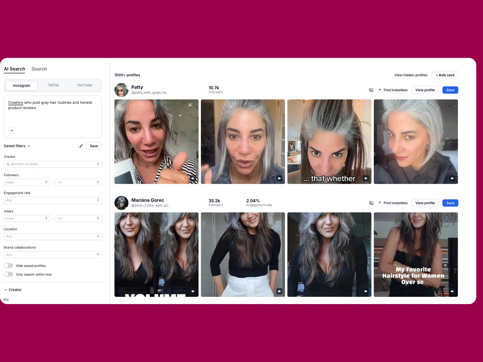 Modash AI search for gray hair creators