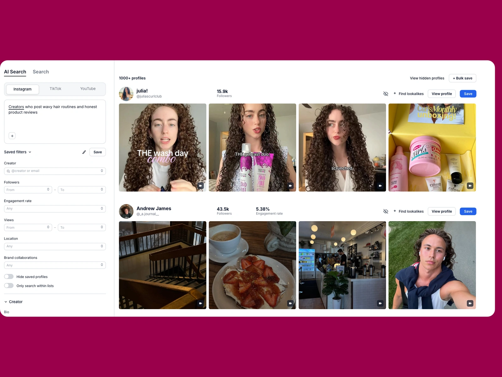 Modash AI search for wavy hair creators