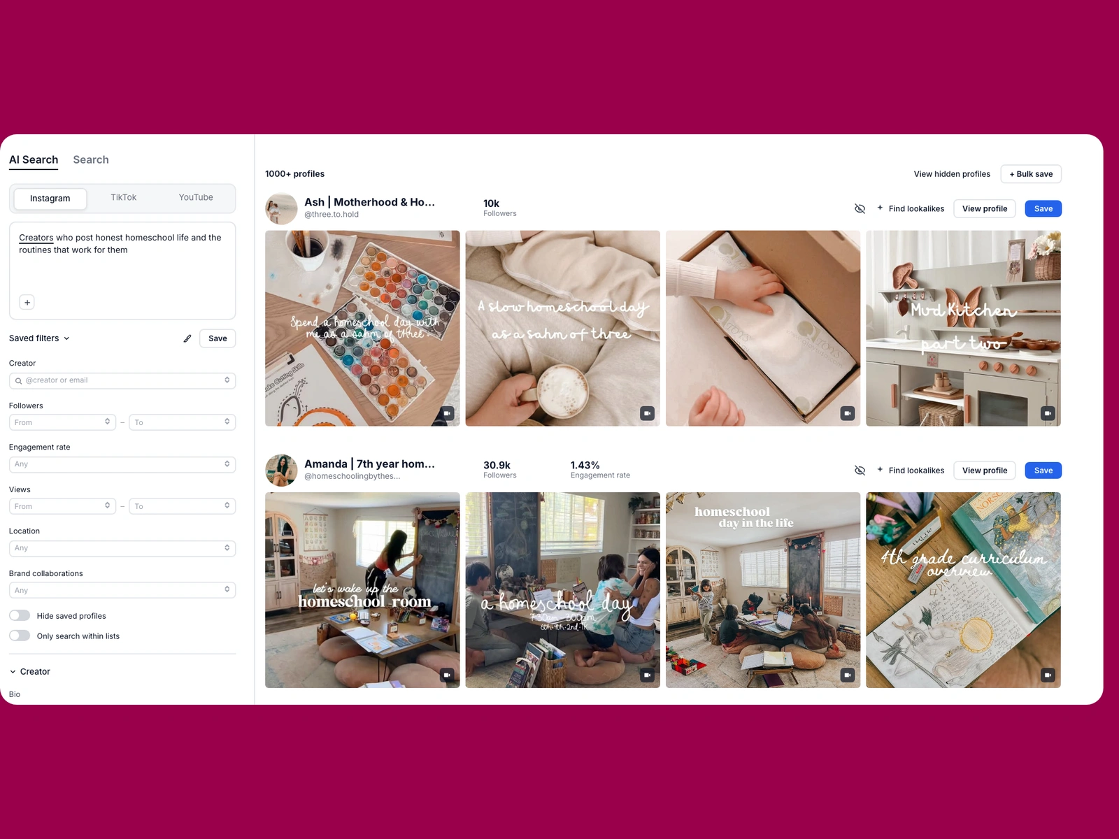 Modash AI search for homeschool creators