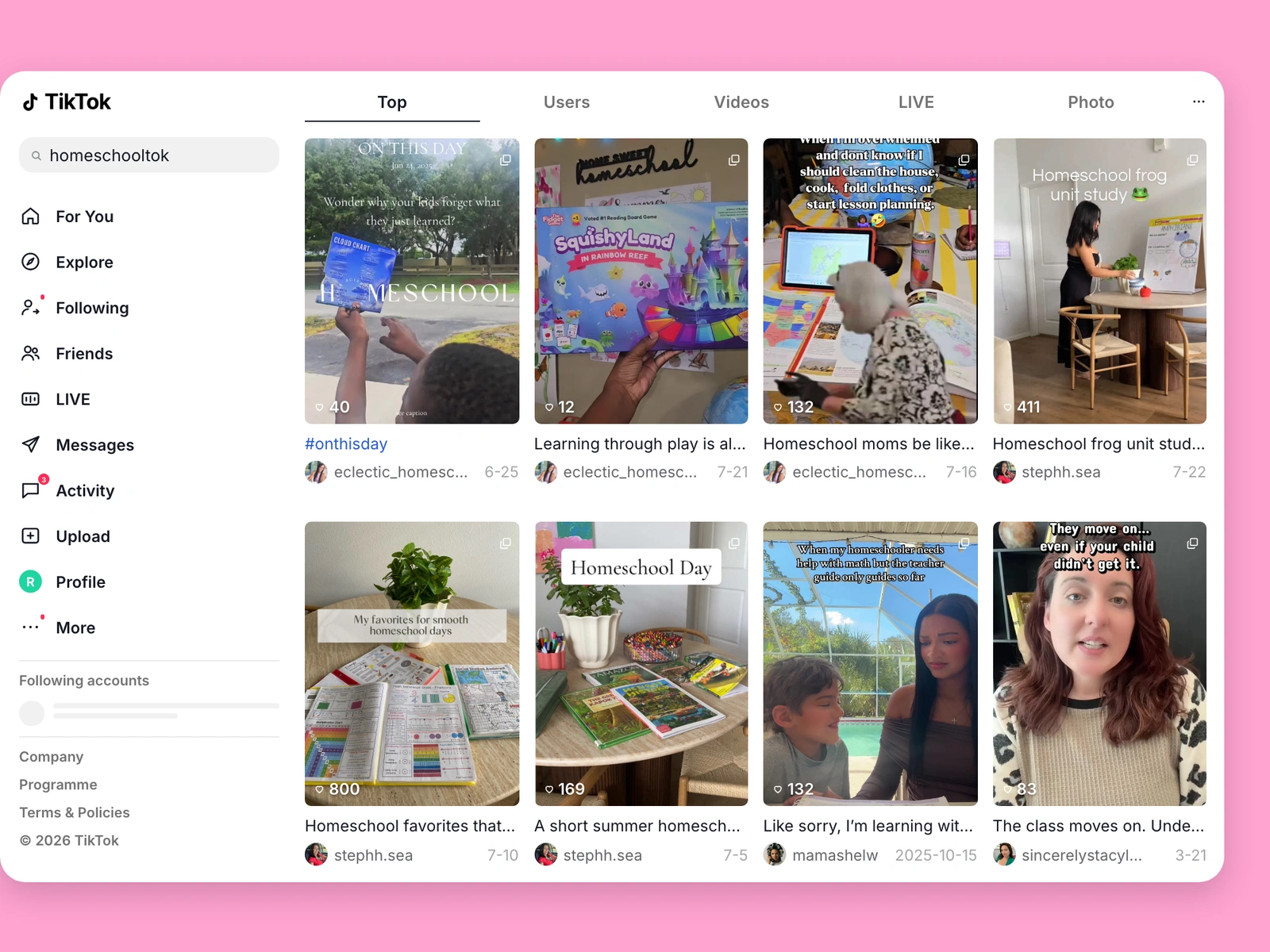 TikTok search results for homeschool content