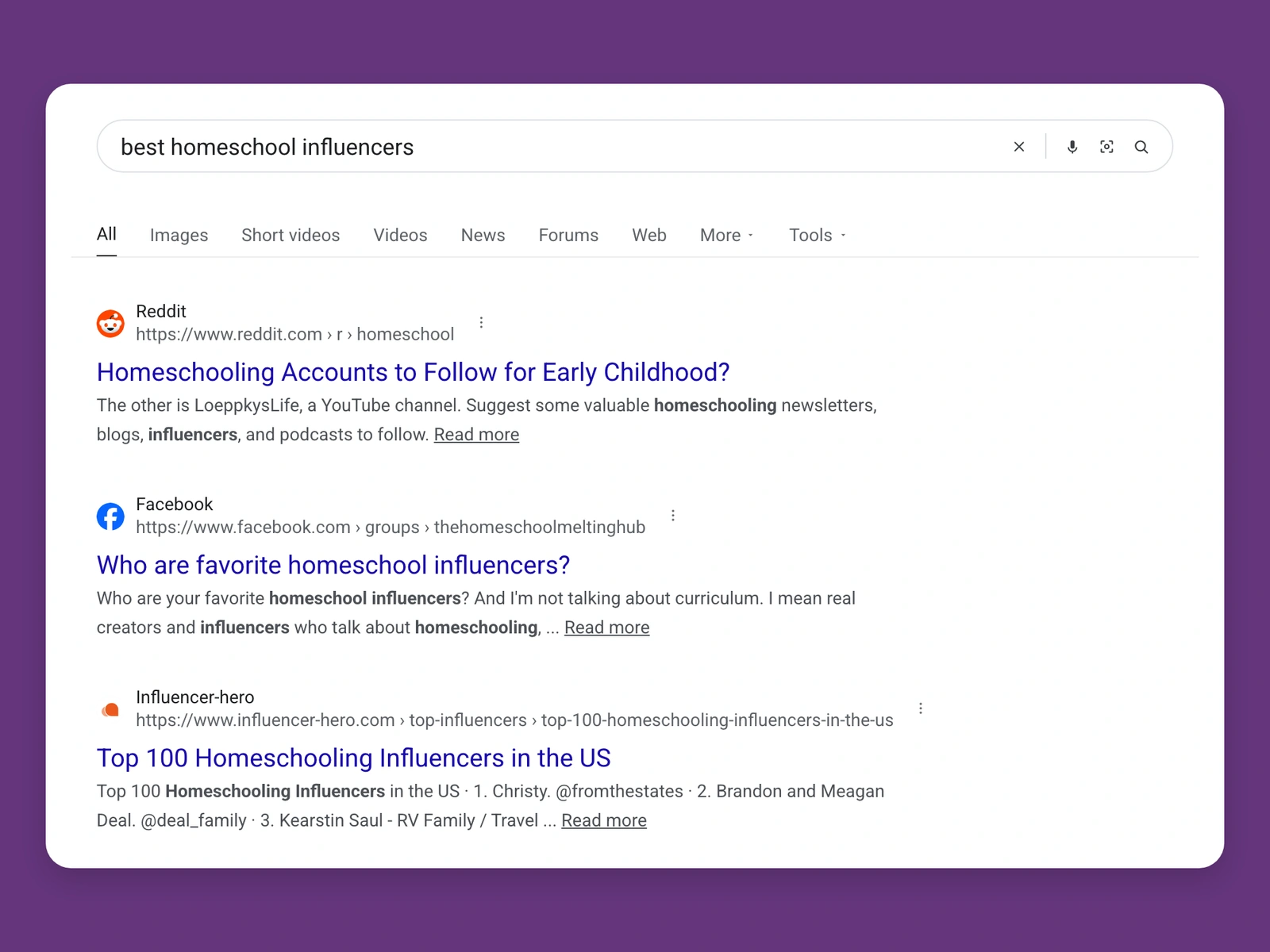 Google results for best homeschool bloggers