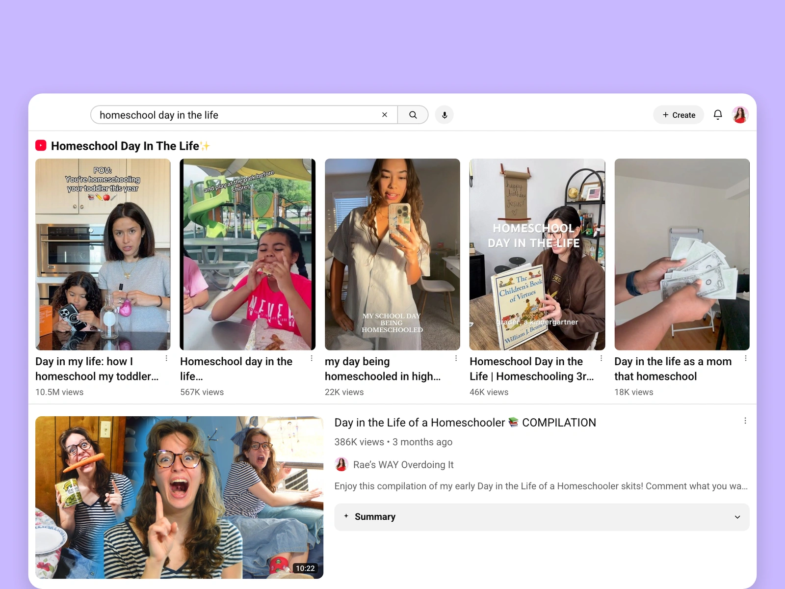 YouTube search results for homeschool videos