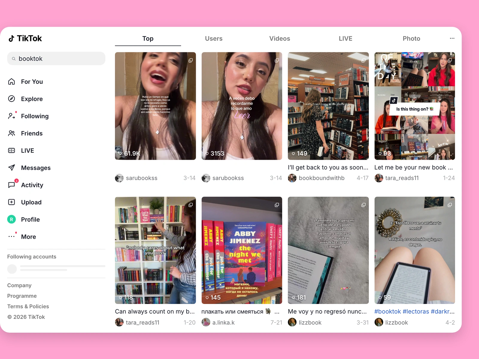 TikTok search results for book content