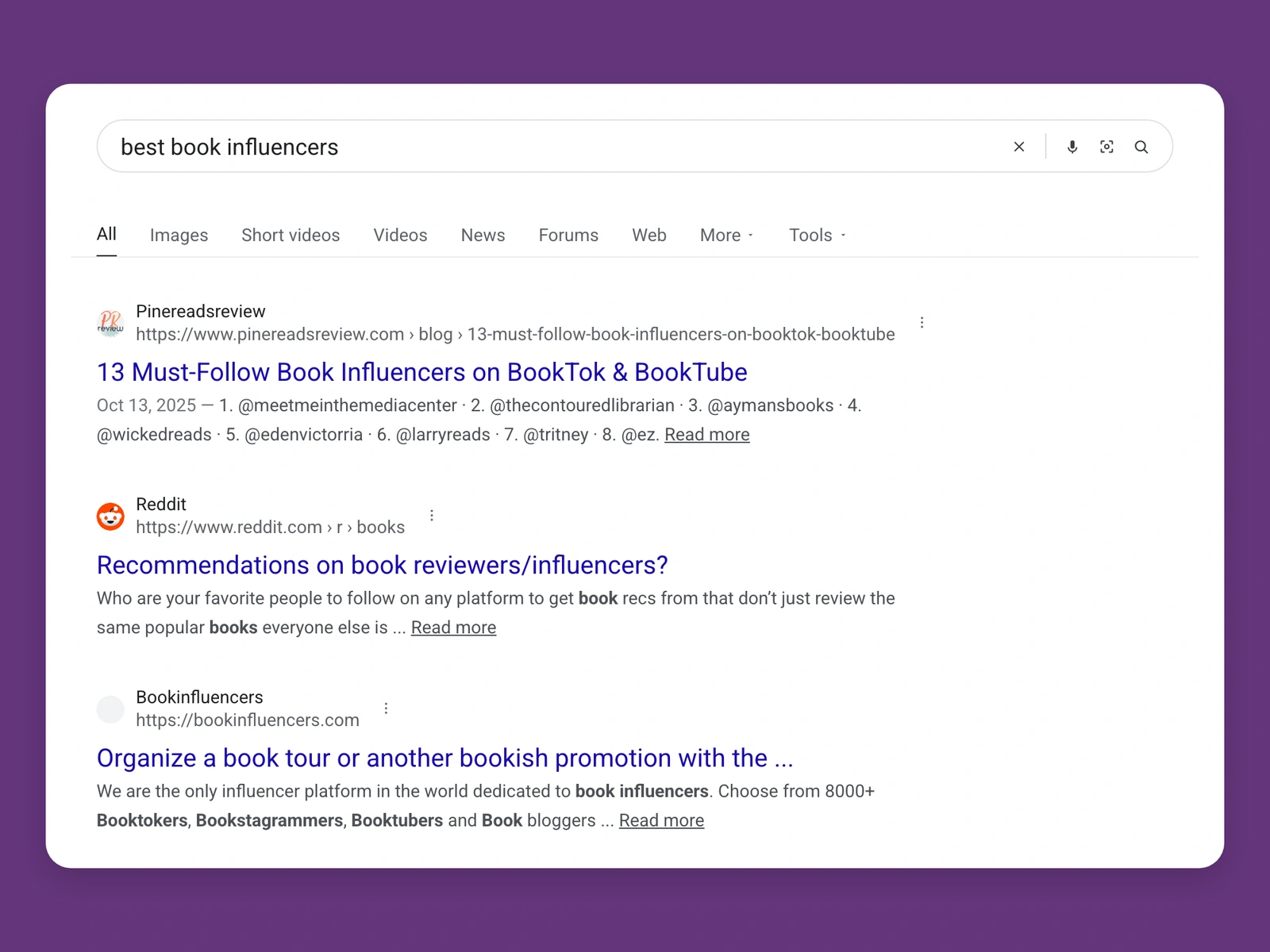 Google results for best book bloggers