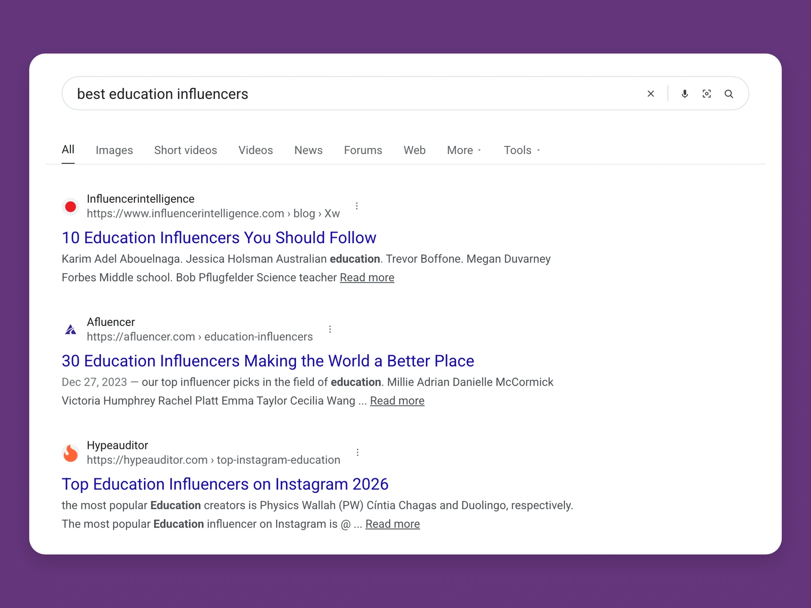 Google results for best education bloggers