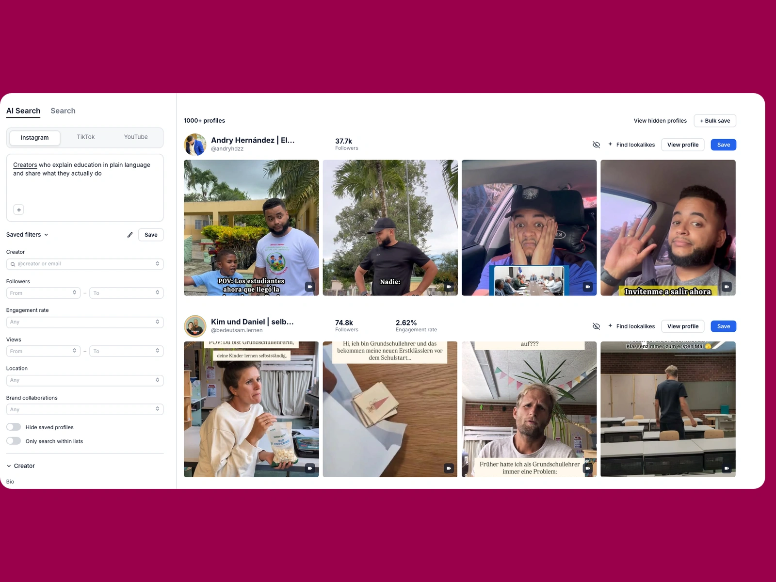 Modash AI search for education creators