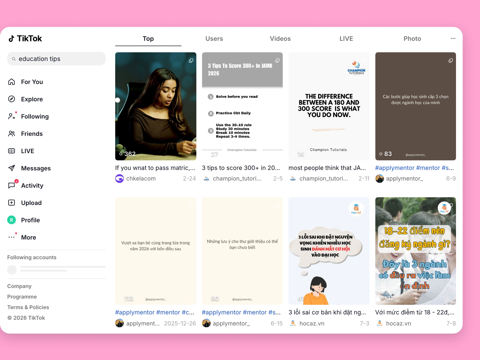 TikTok search results for education content