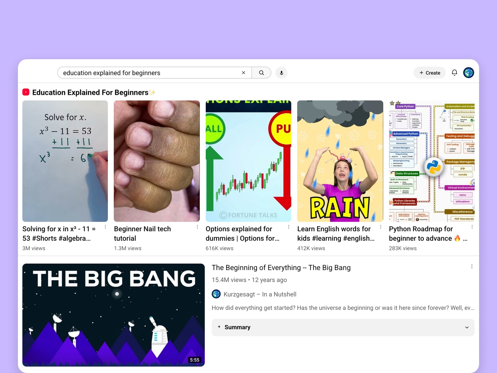 YouTube search results for education videos