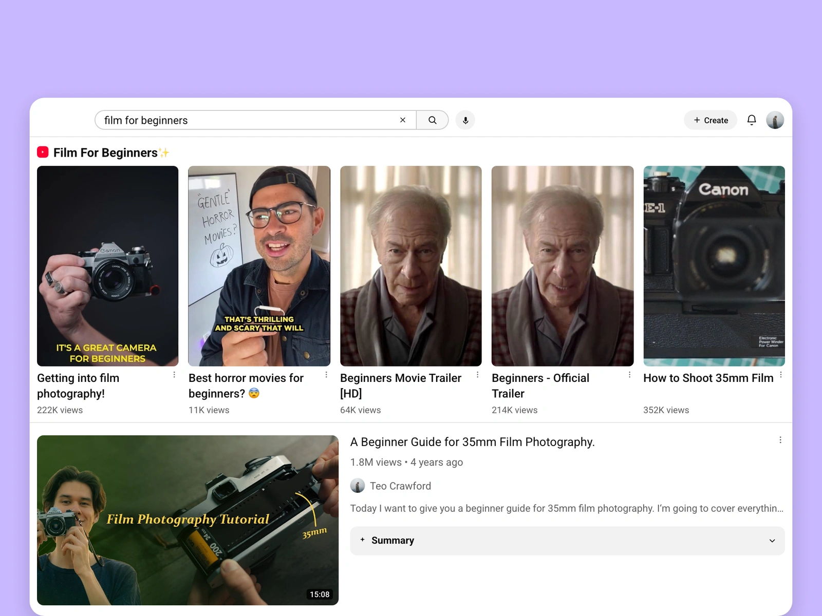 YouTube search results for film videos
