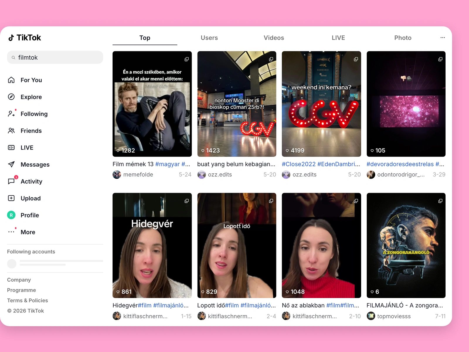 TikTok search results for film content